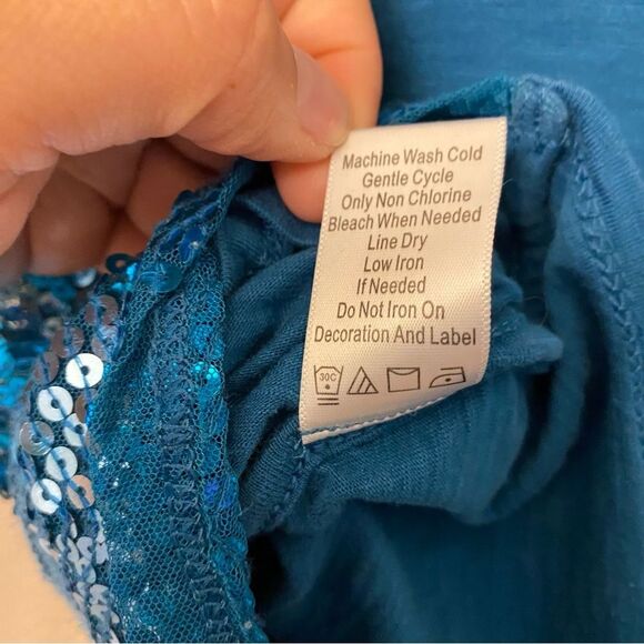 Coldwater Creek aqua teal blue allover sequin chevron art deco glam blouse  L 14 - Picture 8 of 9